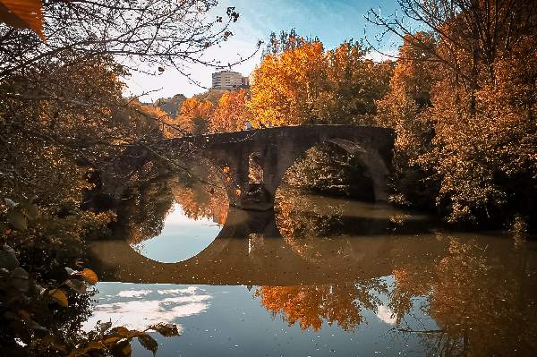 En esta foto en primer plano se ve el río, en el plano medio y en el centro está el puente de la Magdalena. Es un puente medieval compuesto por un ojo grande a la izquierda y uno menor en la derecha, la unión de los dos hace que este puente en el medio acabe en punta. Justo debajo del puente puede verse el reflejo prácticamente perfecto del puente en el que hay una persona que también es reflejada. A ambos lados y no muy ancha una línea que cubren las ramas de los árboles con su color ocre.