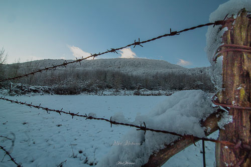 Una foto de paisaje donde en primer plano a la derecha se ve una estaca de los alambres y de las esquinas de la parte derecha salen en diagonal de arriba y de abajo y hacia el centro del lado izquierdo dos líneas de alambre de espino, en el plano medio un campo nevado, y en el plano de fondo.