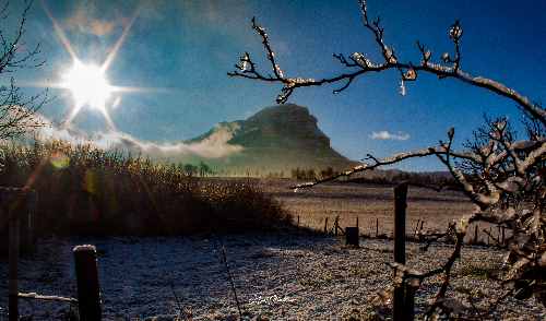 En esta imagen, podemos ver en primer plano a la derecha unas ramas con hielo transparente y brillante por efecto del sol que una vez más luce como estrella de seis puntas, a medio plano y con una perspectiva de abajo a arriba el monte Beriain nevado, envuelto en su base por una densa niebla y en cielo despejado a la izquierda se ve en sol con el denominado "efecto estrella" de seis puntas